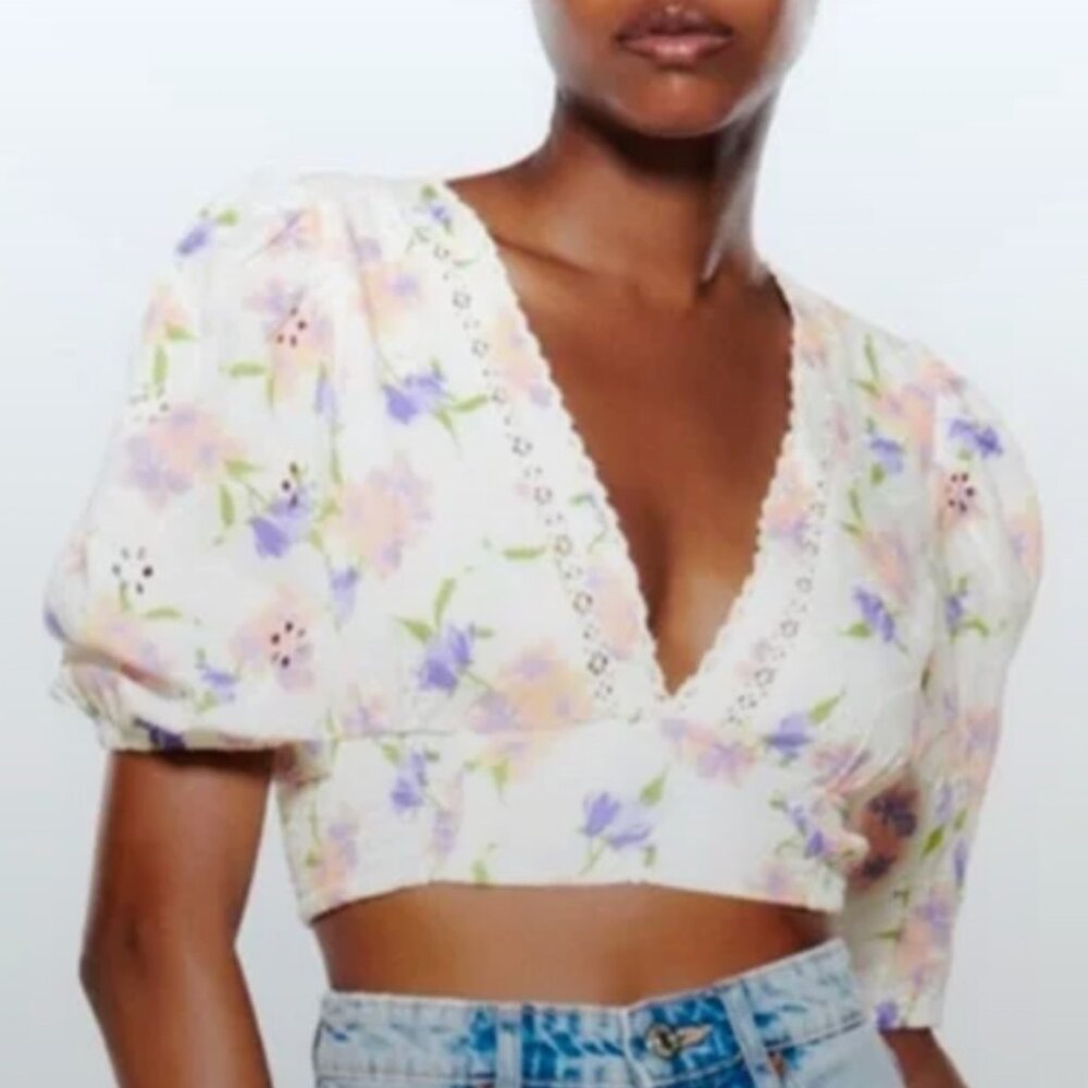 NEW Zara Printed Embroidered Floral Short Sleeve Crop Top Sz  XS NWT